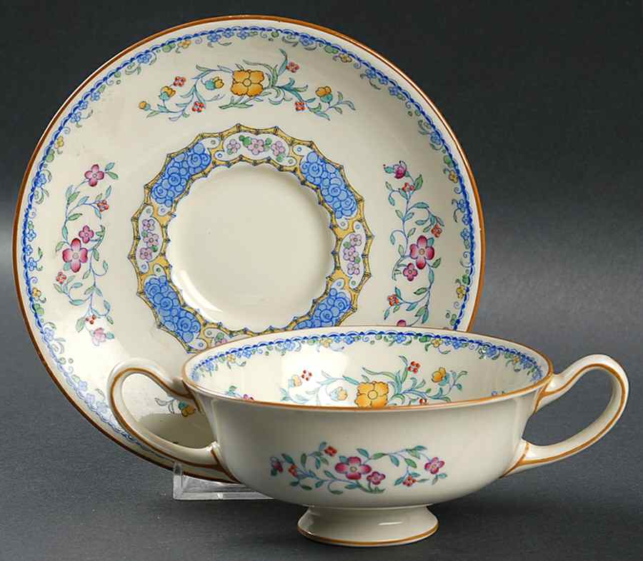 Morella Blue (H2878, Dark Cream Background) Footed Cream Soup Bowl & Saucer Set by Royal Doulton-1
