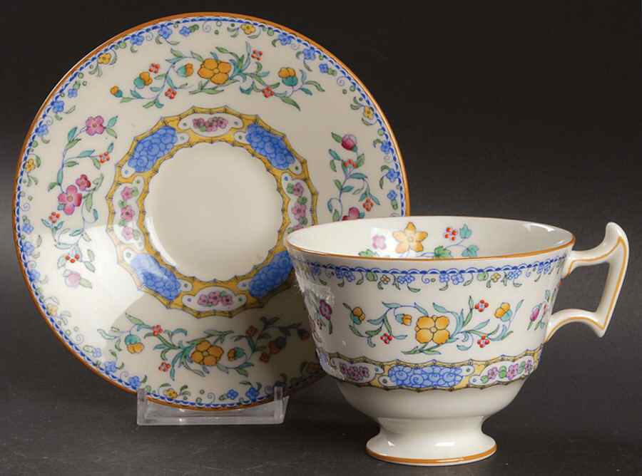 Morella Blue (H2878, Dark Cream Background) Footed Cup & Saucer Set by Royal Doulton-1