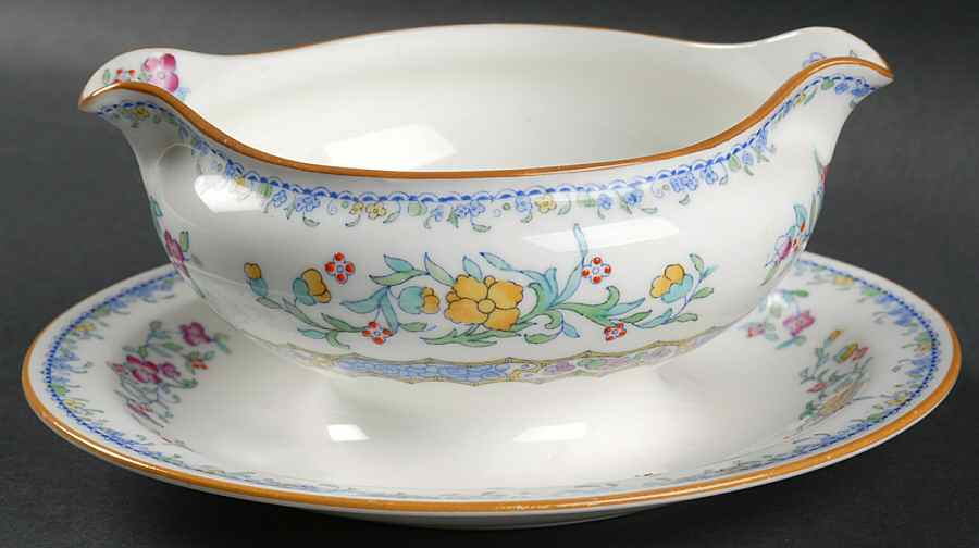 Morella Blue (H2474, Light Cream Background) Gravy Boat with Attached Underplate by Royal Doulton-1