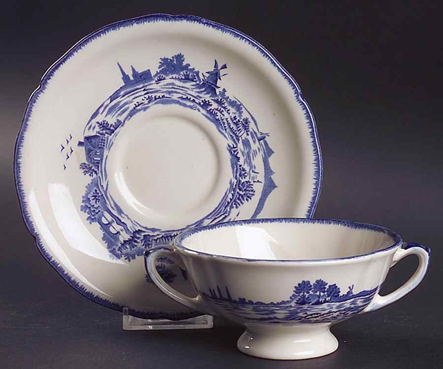 Norfolk Blue (D6294, Scalloped) Footed Cream Soup Bowl & Saucer Set by Royal Doulton-1