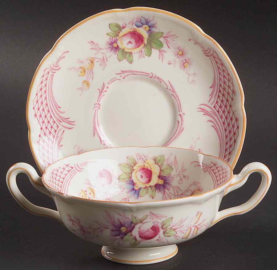 Old Chelsea Footed Cream Soup Bowl & Saucer Set by Royal Doulton-1