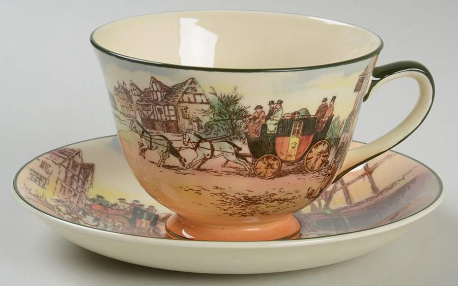 Old English Coaching Scenes Footed Cup & Saucer Set by Royal Doulton-1