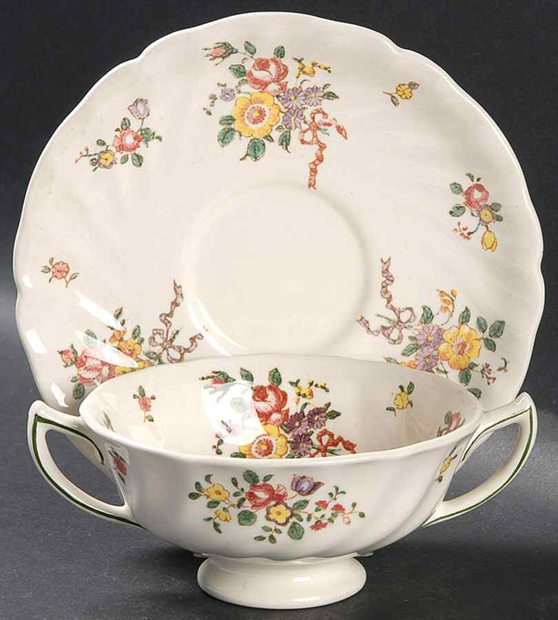 Old Leeds Spray Footed Cream Soup Bowl & Saucer Set by Royal Doulton-1