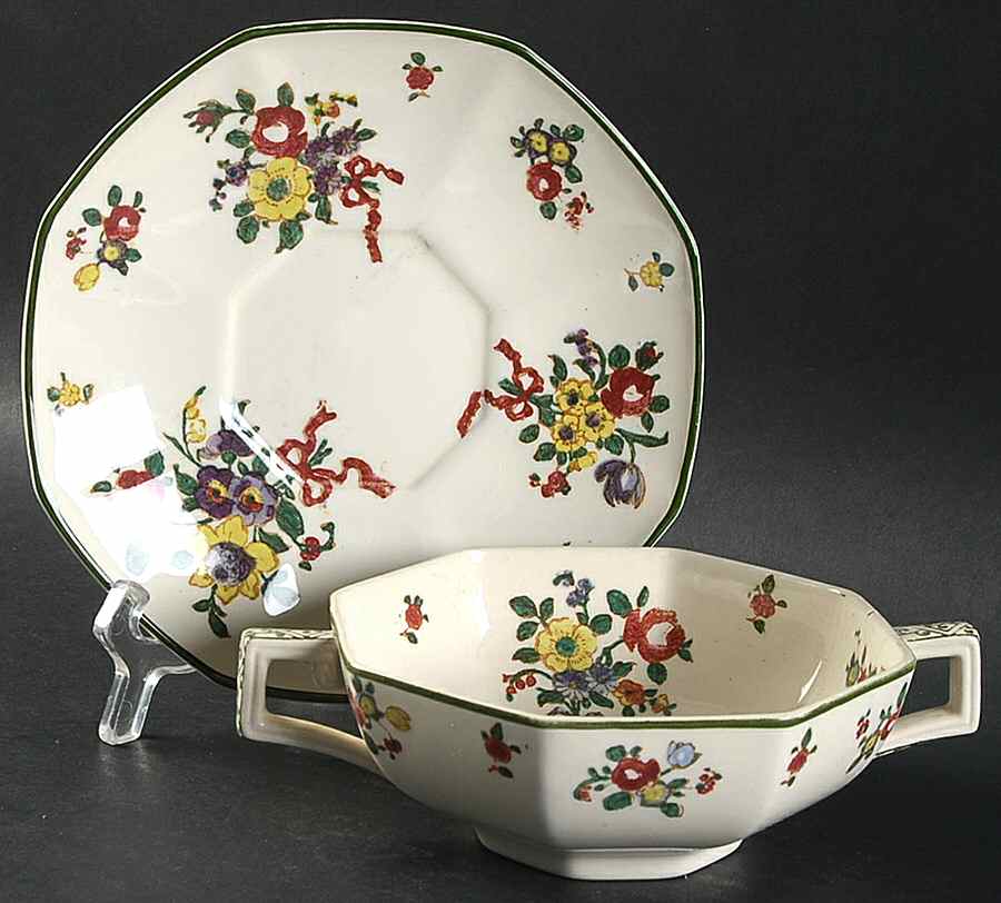 Old Leeds Spray Flat Cream Soup Bowl & Saucer Set by Royal Doulton-1