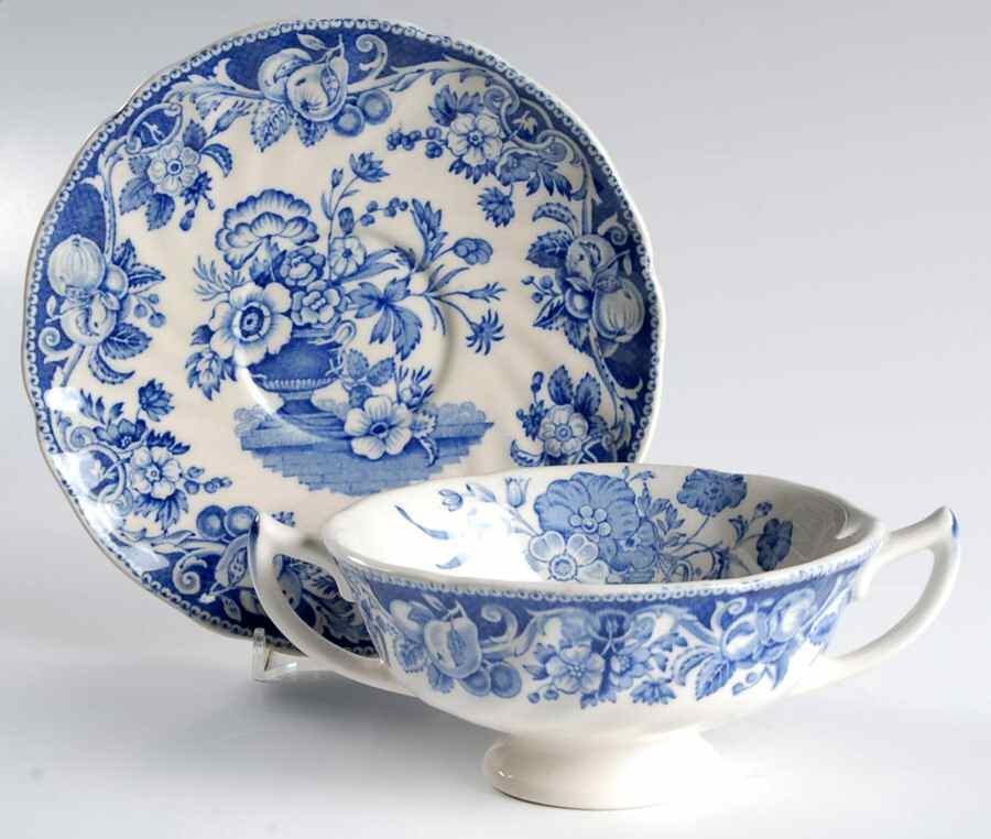 Pomeroy Blue and White (D6323) Footed Cream Soup Bowl & Saucer Set by Royal Doulton-1