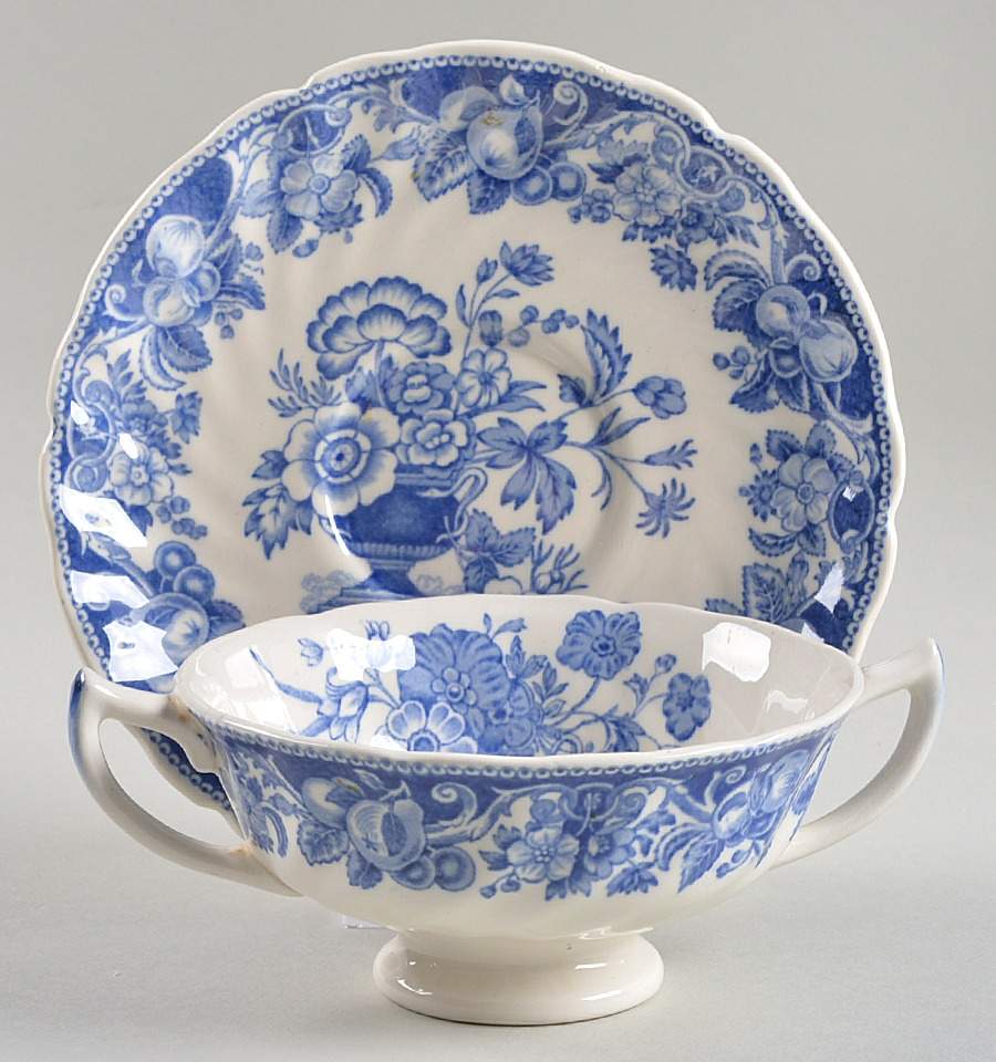 Pomeroy Blue and White (D5269) Footed Cream Soup Bowl & Saucer Set by Royal Doulton-1