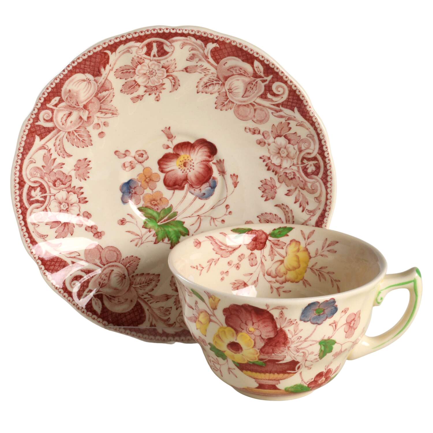 Pomeroy Red Multicolor (Center Design) Flat Cup & Saucer Set by Royal Doulton-1