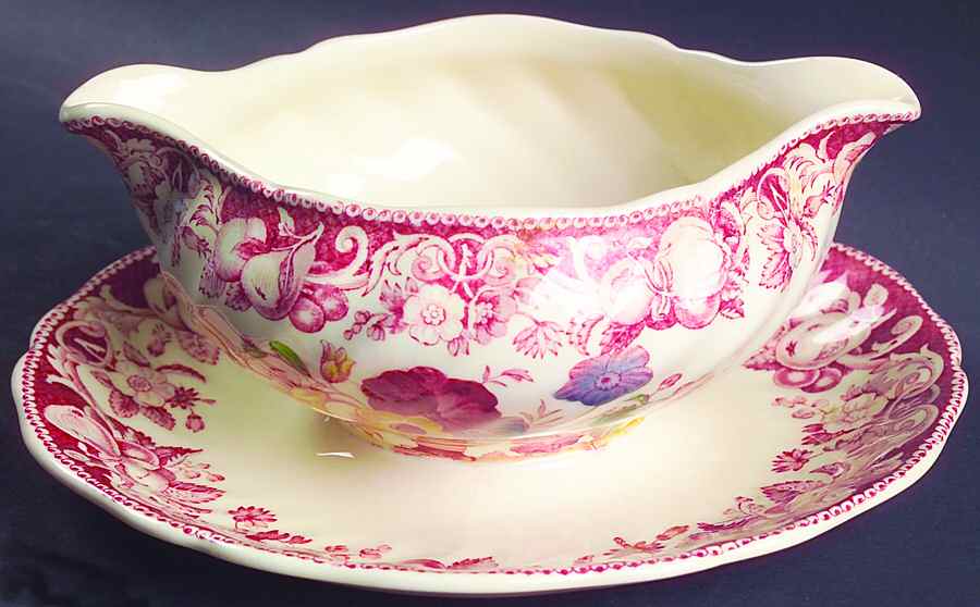 Pomeroy Red Multicolor (Center Design) Gravy Boat with Attached Underplate by Royal Doulton-1