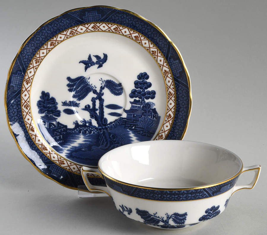 Real Old Willow Flat Cream Soup Bowl & Saucer Set by Royal Doulton-1