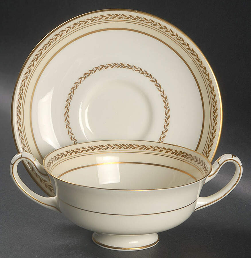 The Repton (Gold Trim) Footed Cream Soup Bowl & Saucer Set by Royal Doulton-1