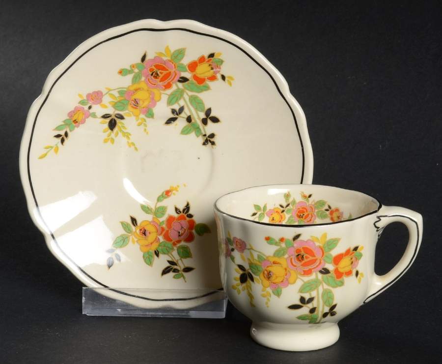 Rosslyn (Roses, Black Trim) Footed Demitasse Cup & Saucer Set by Royal Doulton-1