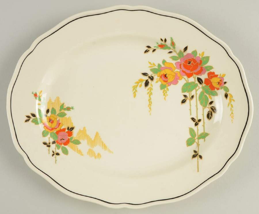 Rosslyn (Roses, Black Trim) 10" Oval Serving Platter by Royal Doulton-1
