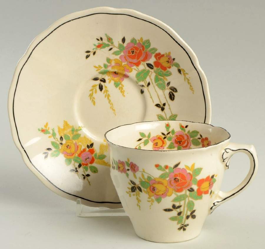 Rosslyn (Roses, Black Trim) Flat Cup & Saucer Set by Royal Doulton-1