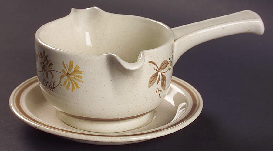 Sandsprite (Double Line Brown Trim) Stick Handle Gravy Boat & Saucer by Royal Doulton-1