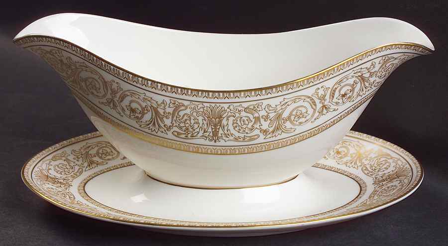 Sovereign (Gold Scroll and Leaf Rim) Gravy Boat with Attached Underplate by Royal Doulton-1