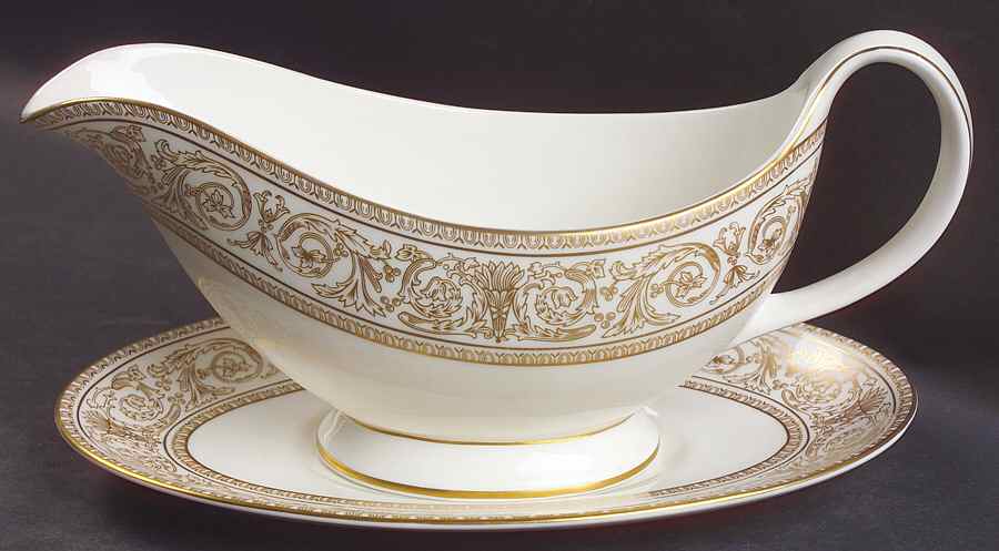 Sovereign (Gold Scroll and Leaf Rim) Gravy Boat & Underplate by Royal Doulton-1