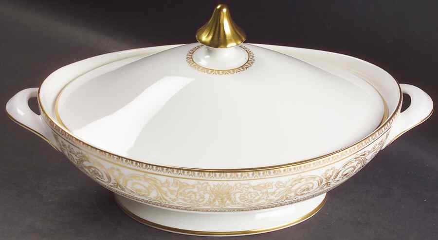 Sovereign (Gold Scroll and Leaf Rim) Oval Covered Vegetable by Royal Doulton-1