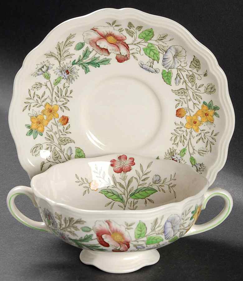 Stratford (Floral) Footed Cream Soup Bowl & Saucer Set by Royal Doulton-1