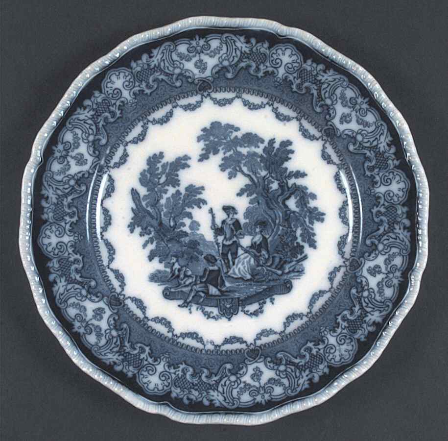 Watteau (Flow Blue, No Gold, Scallop, White Edge) Dinner Plate by Royal Doulton-1