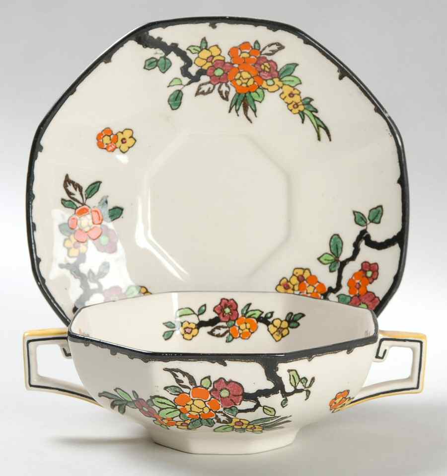 Woburn Black (No White Flowers) Flat Cream Soup Bowl & Saucer Set by Royal Doulton-1