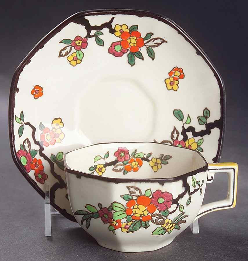 Woburn Black (No White Flowers) Flat Cup & Saucer Set by Royal Doulton-1
