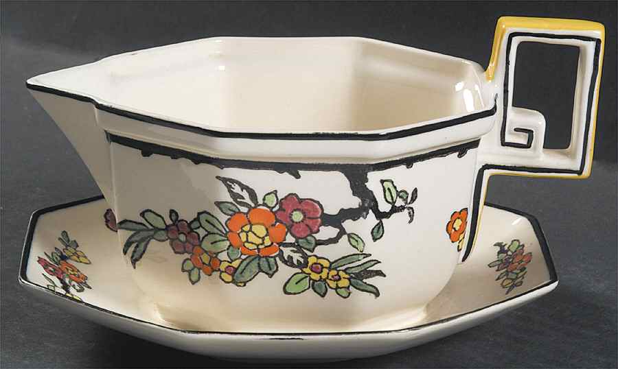 Woburn Black (No White Flowers) Gravy Boat with Attached Underplate by Royal Doulton-1