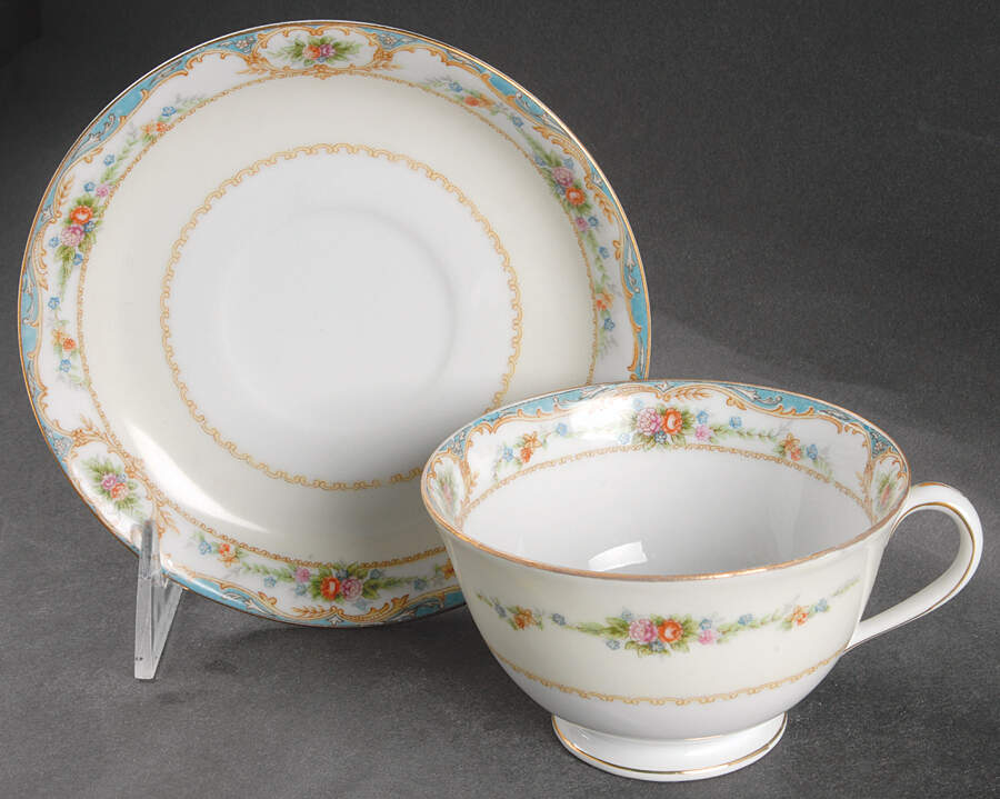 Bienville (Floral Center) Footed Cup & Saucer Set by Regal (Japan)-1