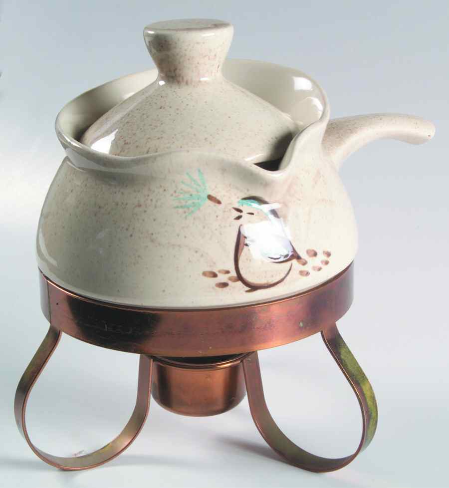 Bob White Gravy & Lid w/Copper Metal Stand by Red Wing-1