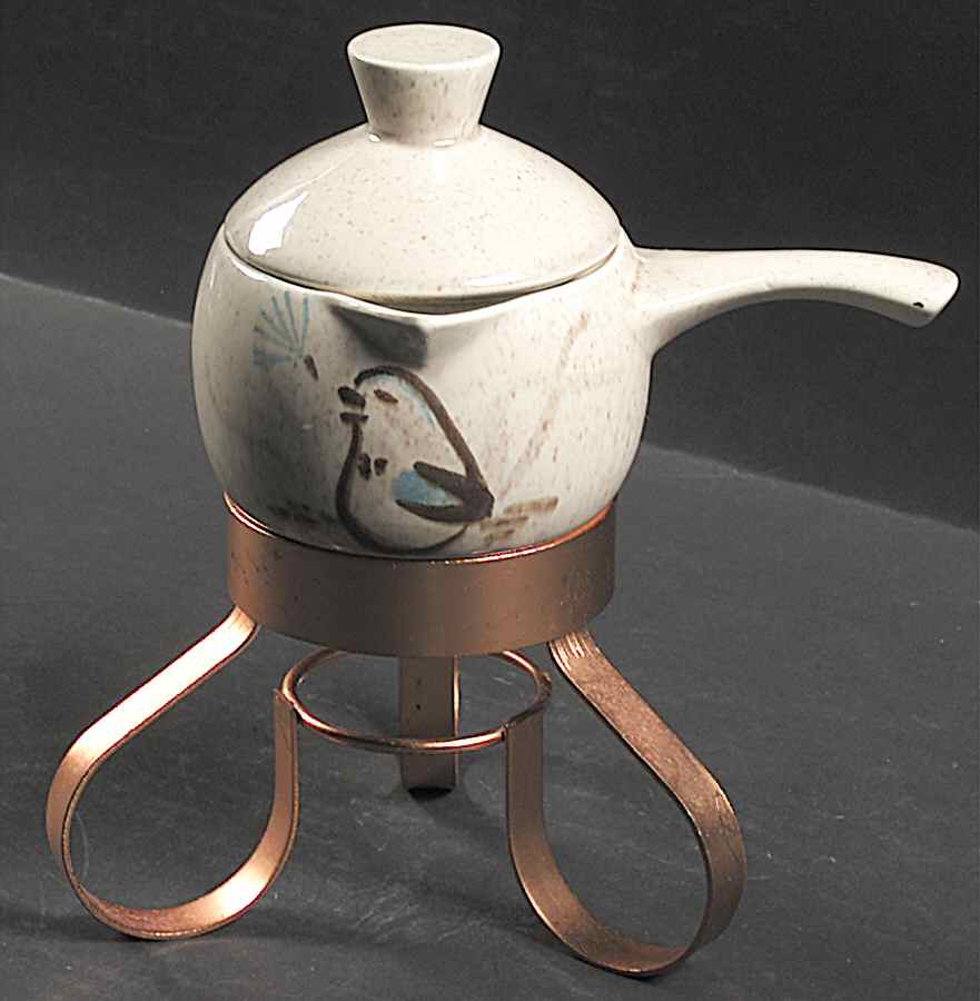 Bob White Butter Sauce & Lid w/Copper Metal Stand by Red Wing-1