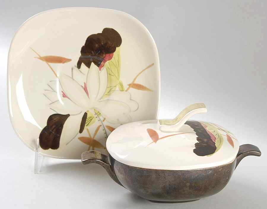Lotus Bronze Cream Soup Bowl & Saucer Set with Lid by Red Wing-1