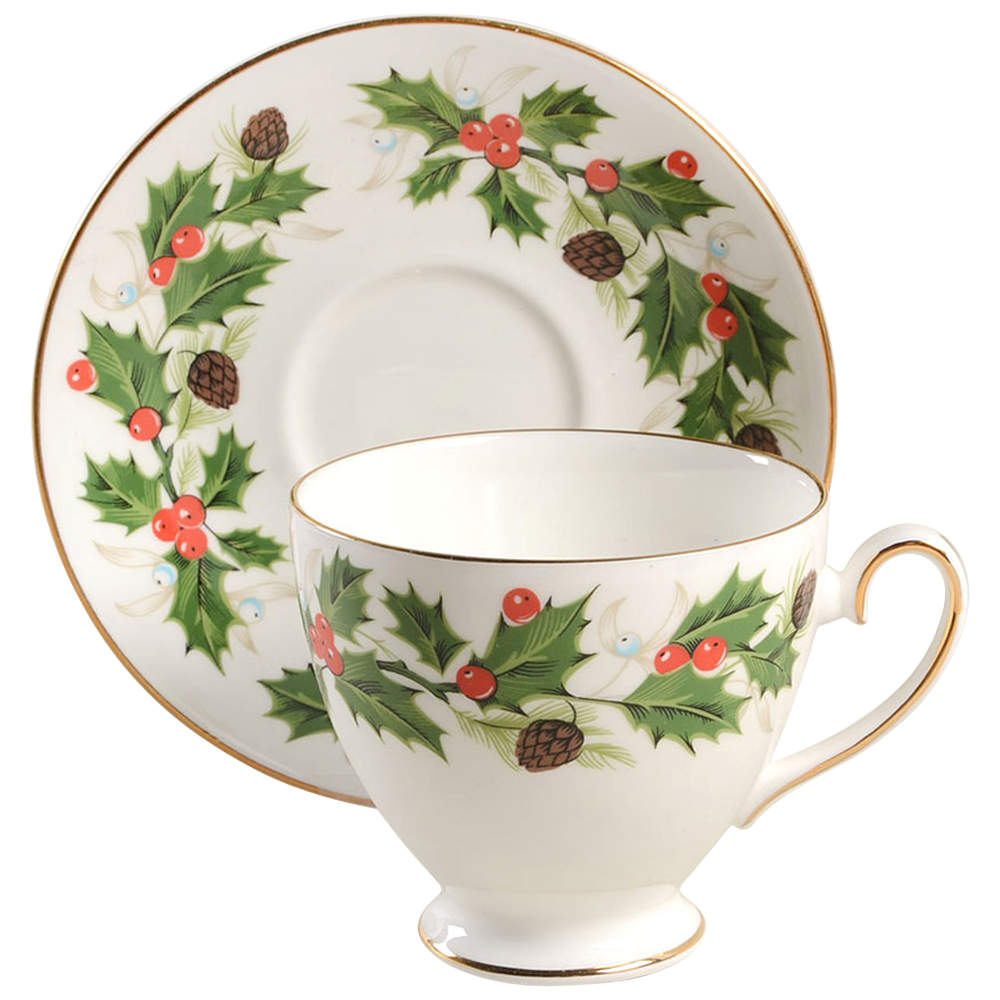 Noel (Holly Backstamp, Smooth) Footed Cup & Saucer Set by Royal Grafton-1