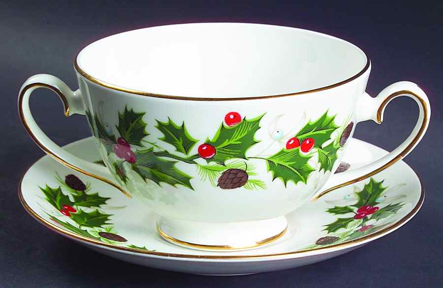 Noel (Holly Backstamp, Smooth) Footed Cream Soup Bowl & Saucer Set by Royal Grafton-1