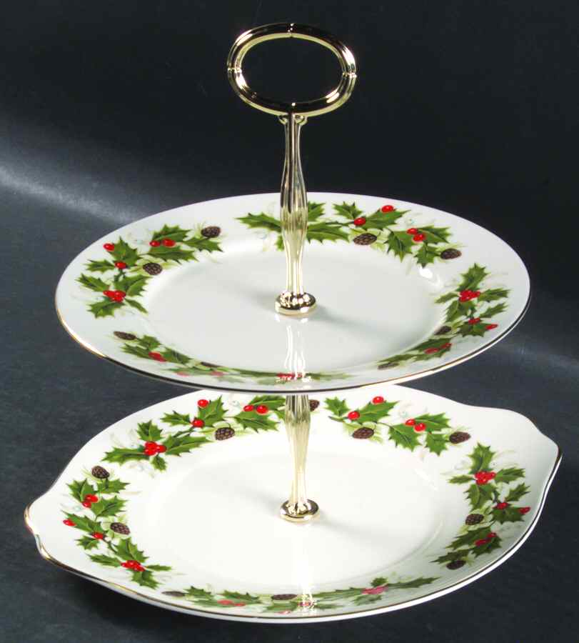 Noel (Holly Backstamp, Smooth) 2 Tiered Serving Tray(Handled Cake&Salad Plate) by Royal Grafton-1