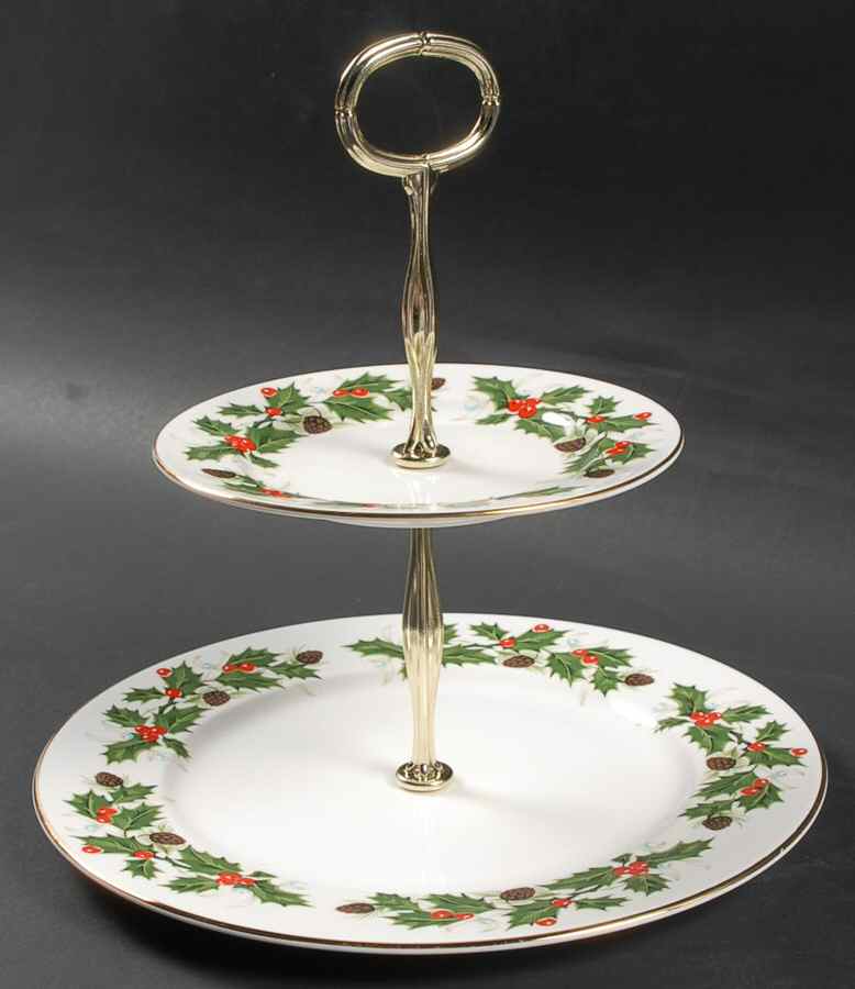 Noel (Holly Backstamp, Smooth) 2 Tiered Serving Tray (Lunch & Bread/Butter Plate) by Royal Grafton-1