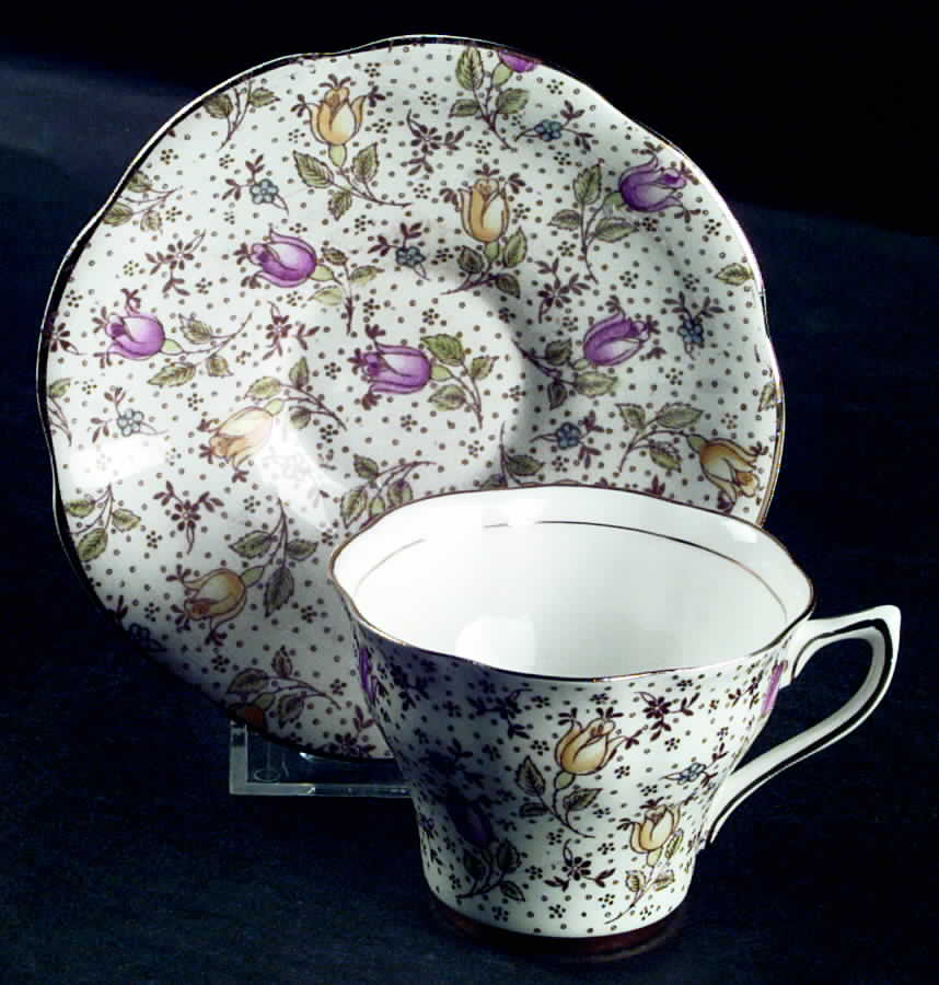 June (Brown, Multicolor Flowers) Flat Cup & Saucer Set by Rosina-Queens-1
