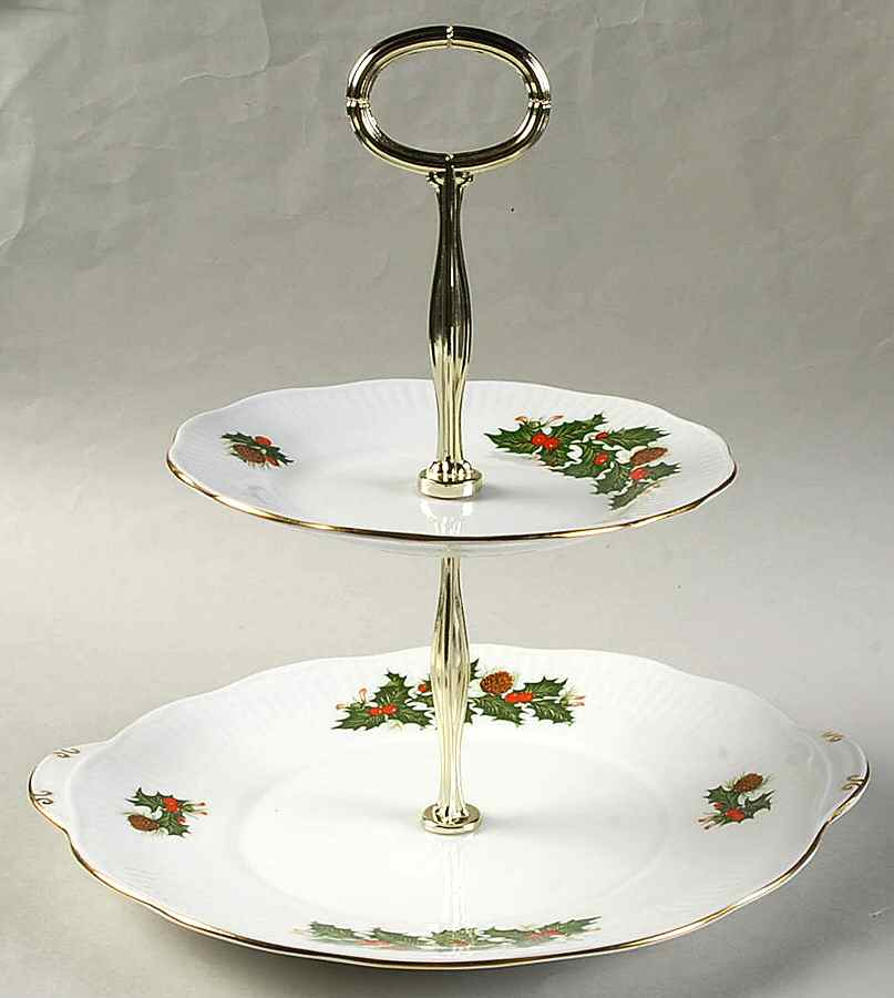 Yuletide (Scalloped) 2 Tiered Serving Tray(Handled Cake w/Bread&Butter) by Rosina-Queens-1
