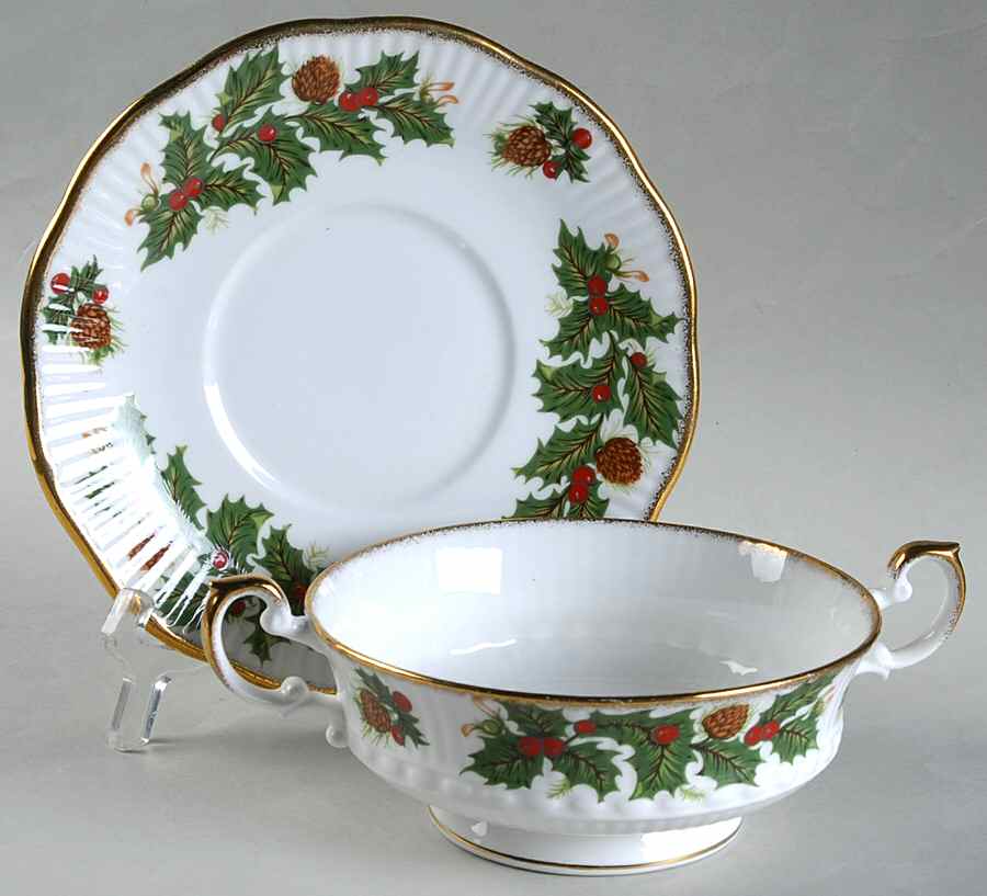 Yuletide (Scalloped) Footed Cream Soup Bowl & Saucer Set by Rosina-Queens-1