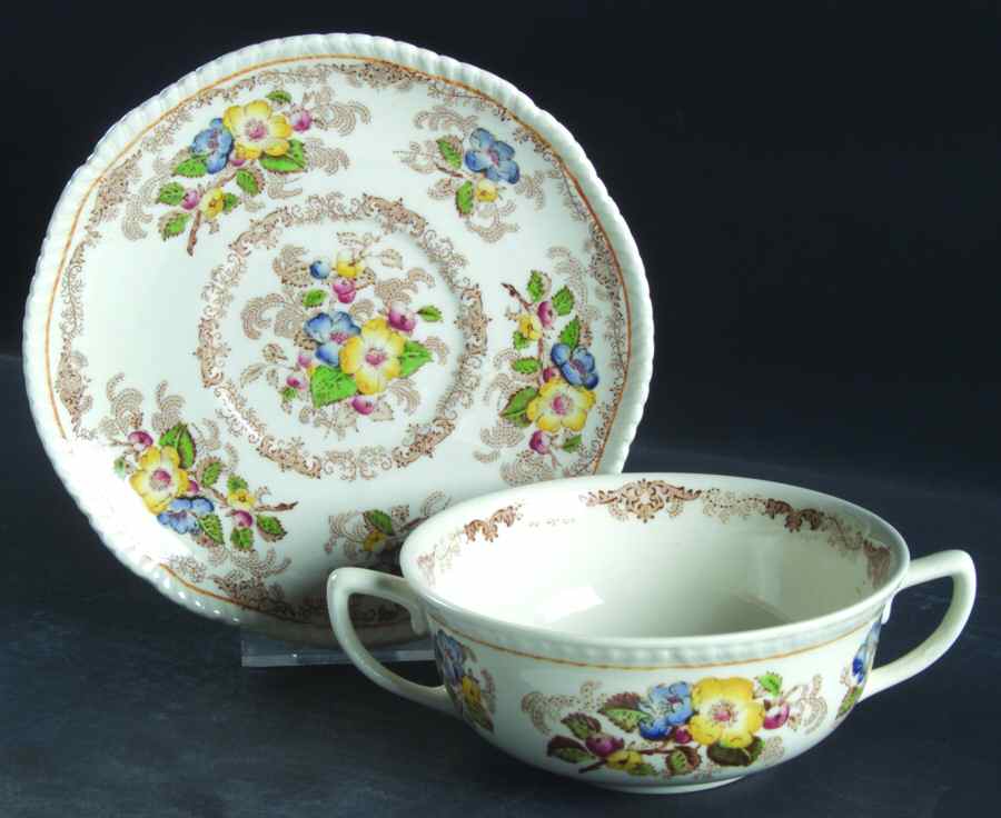 Apple Blossom Brown Flat Cream Soup Bowl & Saucer Set by Ridgway (Ridgways)-1
