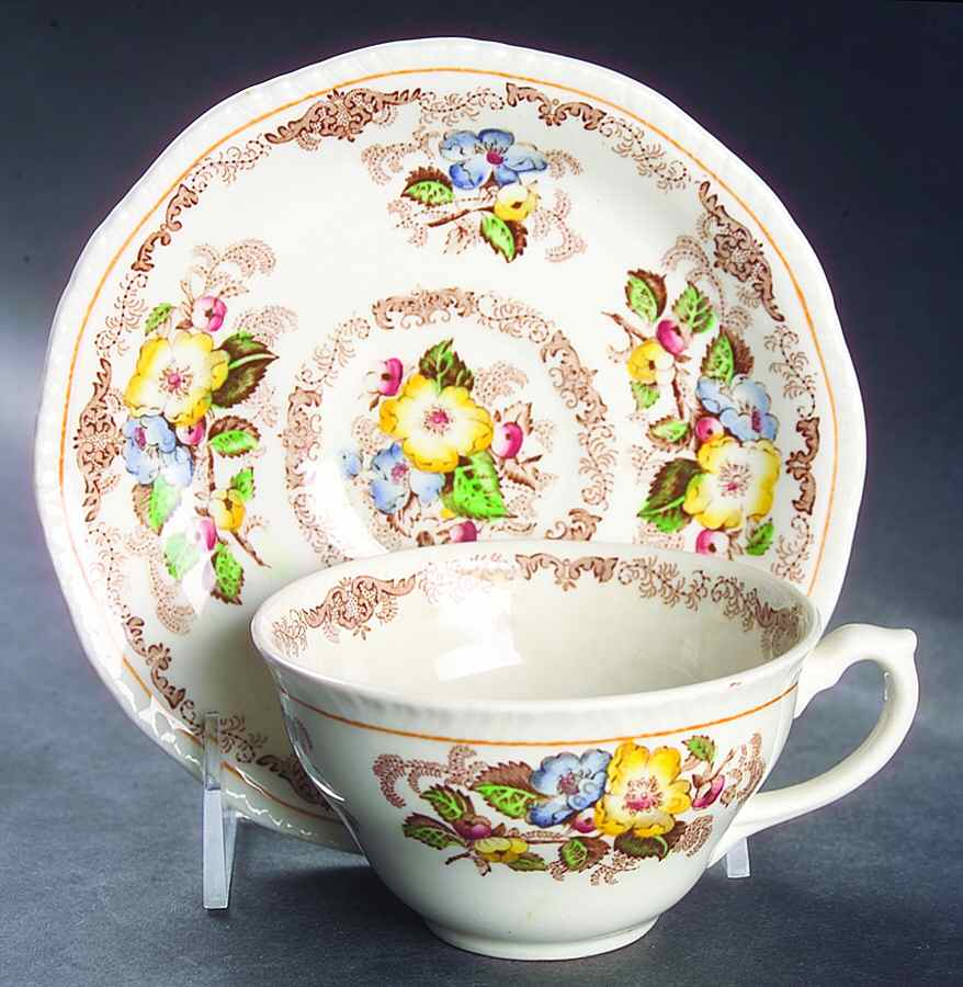 Apple Blossom Brown Flat Cup & Saucer Set by Ridgway (Ridgways)-1