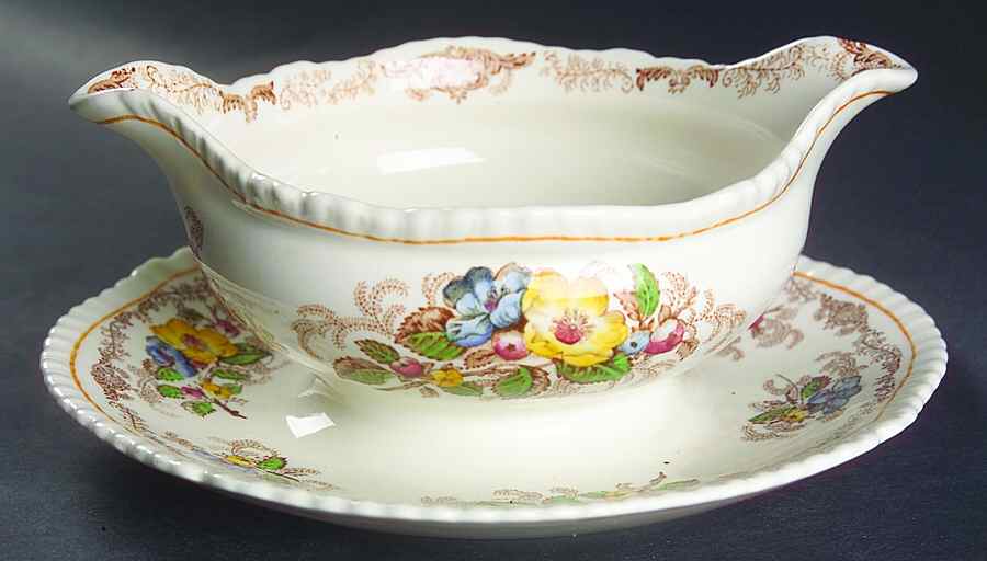 Apple Blossom Brown Gravy Boat with Attached Underplate by Ridgway (Ridgways)-1