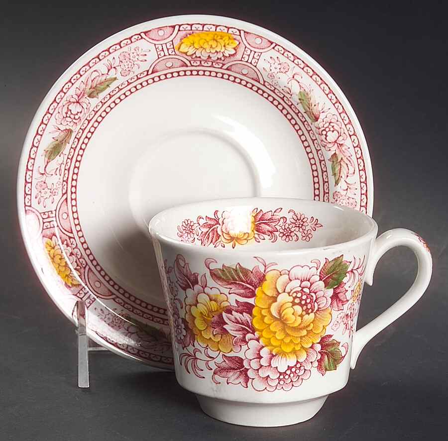 Canterbury Red Multicolor Flat Cup & Saucer Set by Ridgway (Ridgways)-1