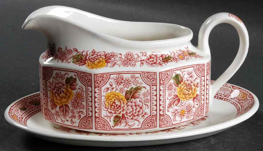 Canterbury Red Multicolor Gravy Boat & Underplate by Ridgway (Ridgways)-1