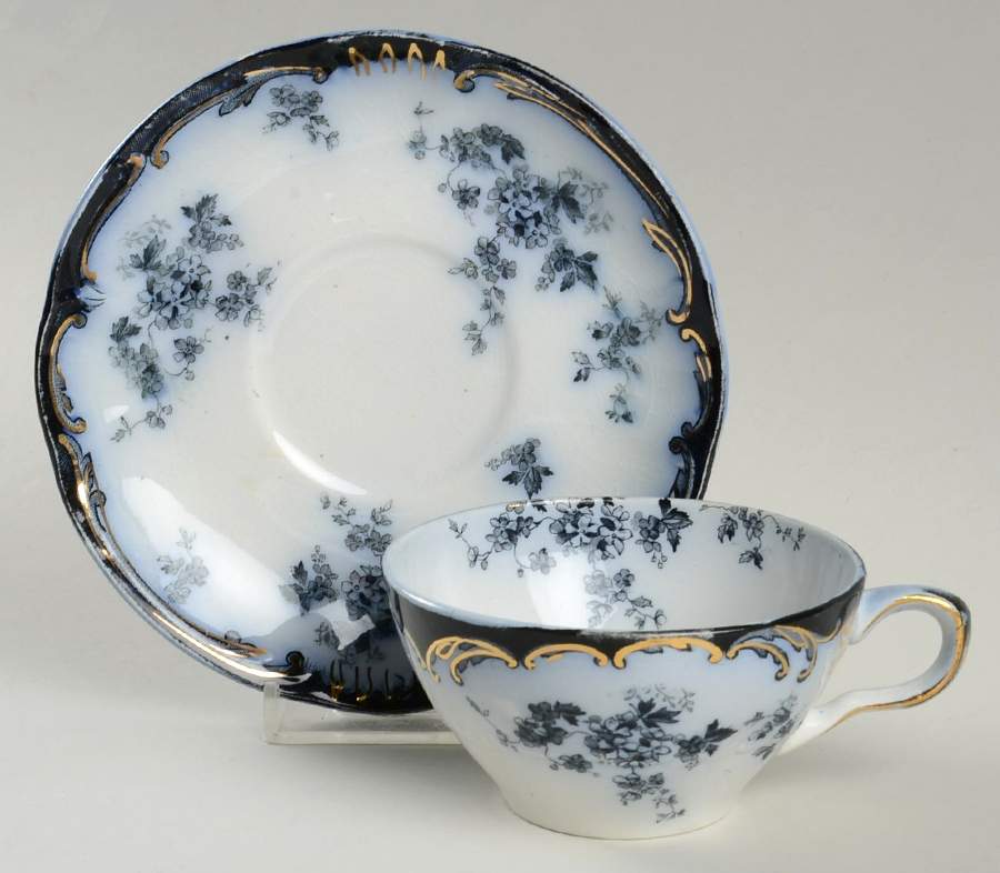 Chiswick (Flow Blue) Flat Cup & Saucer Set by Ridgway (Ridgways)-1