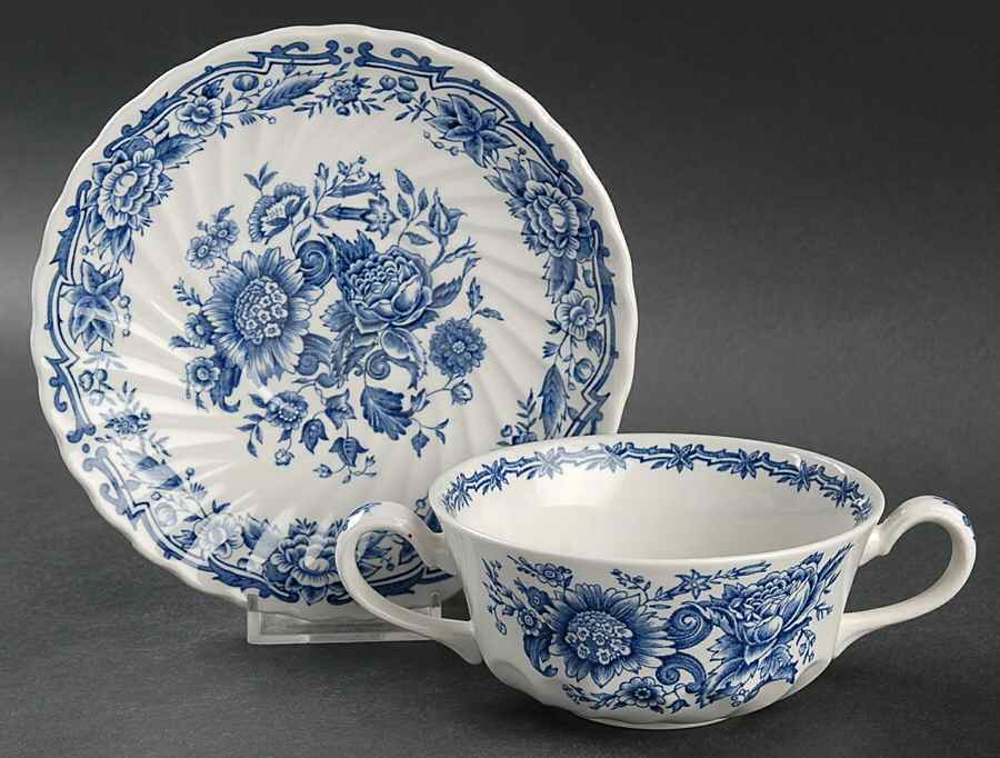 Clifton Blue and White Flat Cream Soup Bowl & Saucer Set by Ridgway (Ridgways)-1