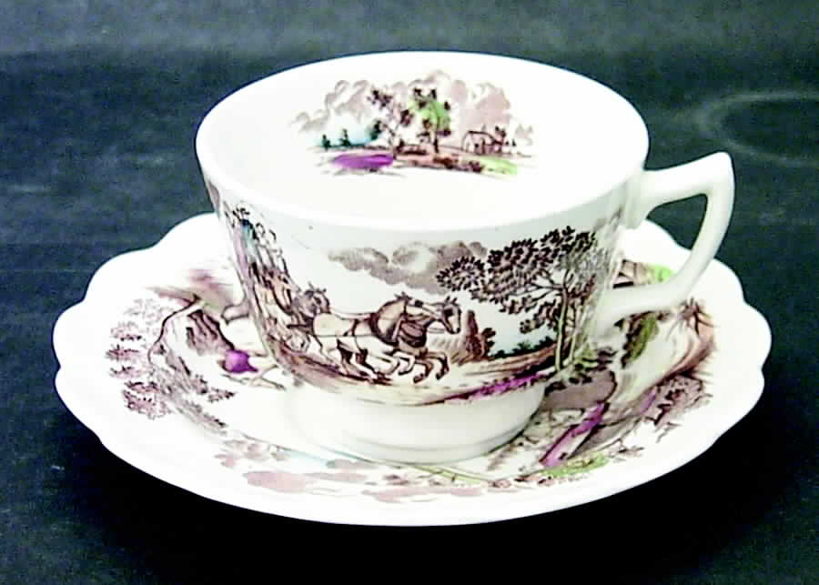 Coaching Days Multicolor (White) Flat Cup & Saucer Set by Ridgway (Ridgways)-1