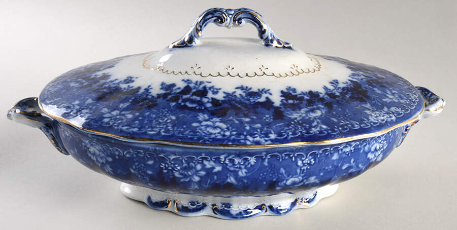 Dundee (Flow Blue) Oval Covered Vegetable by Ridgway (Ridgways)-1