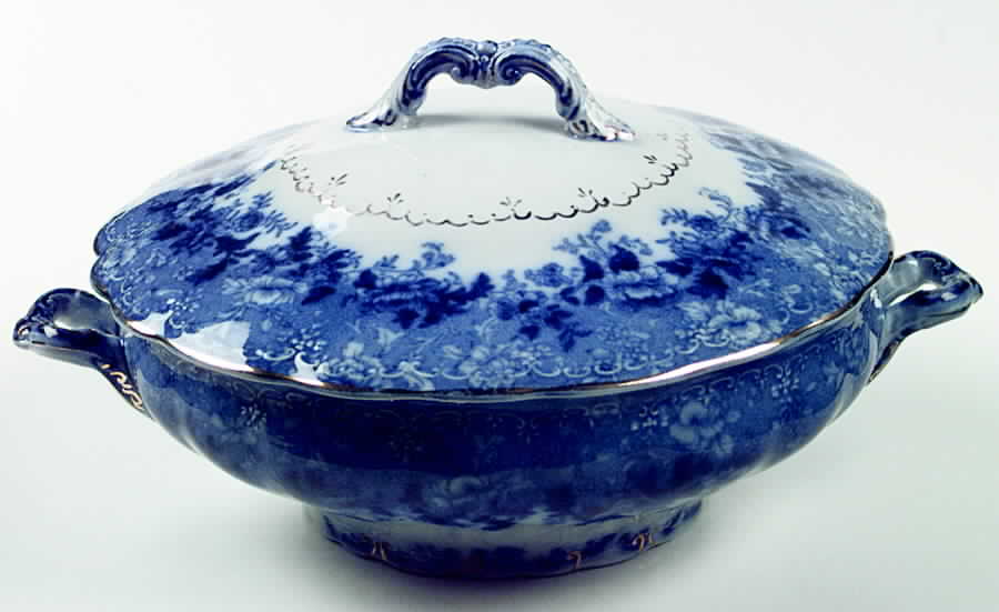 Dundee (Flow Blue) Round Covered Vegetable by Ridgway (Ridgways)-1