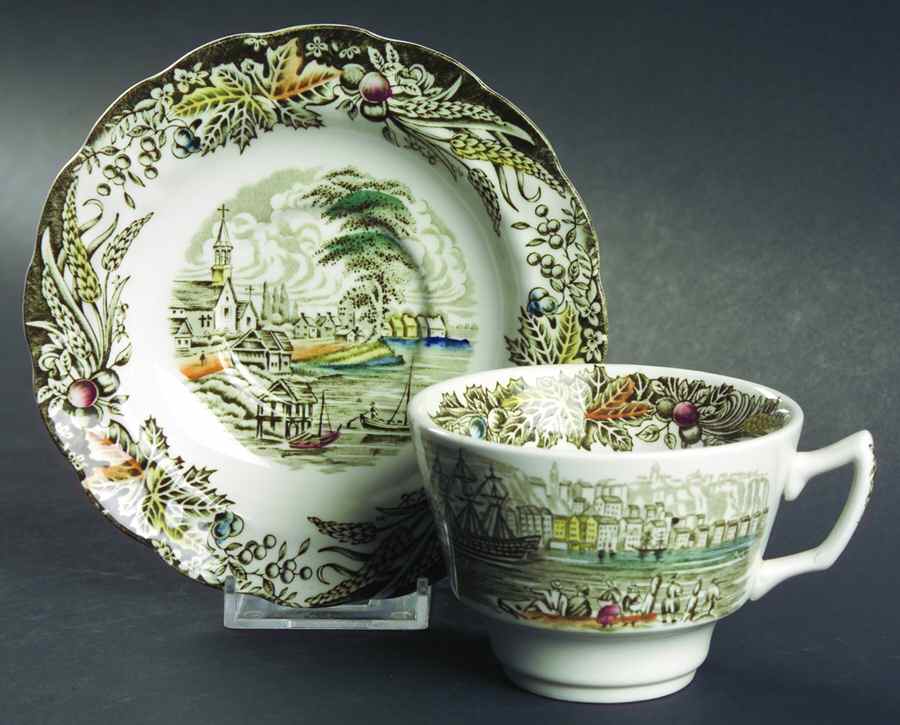 Heritage Green Multicolor Flat Cup & Saucer Set by Ridgway (Ridgways)-1