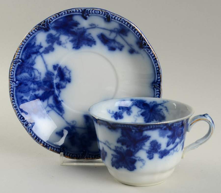 Lonsdale (Flow Blue, Gold Trim) Flat Cup & Saucer Set by Ridgway (Ridgways)-1