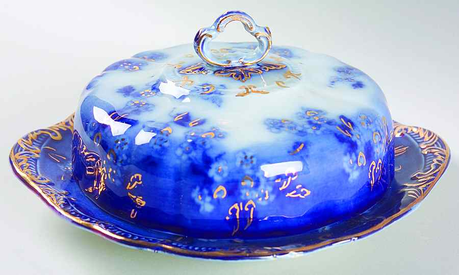Lugano (Flow Blue) Round Covered Butter by Ridgway (Ridgways)-1